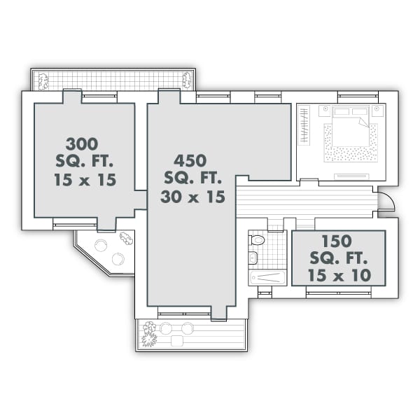 A diagram showing square footage of rooms in a house