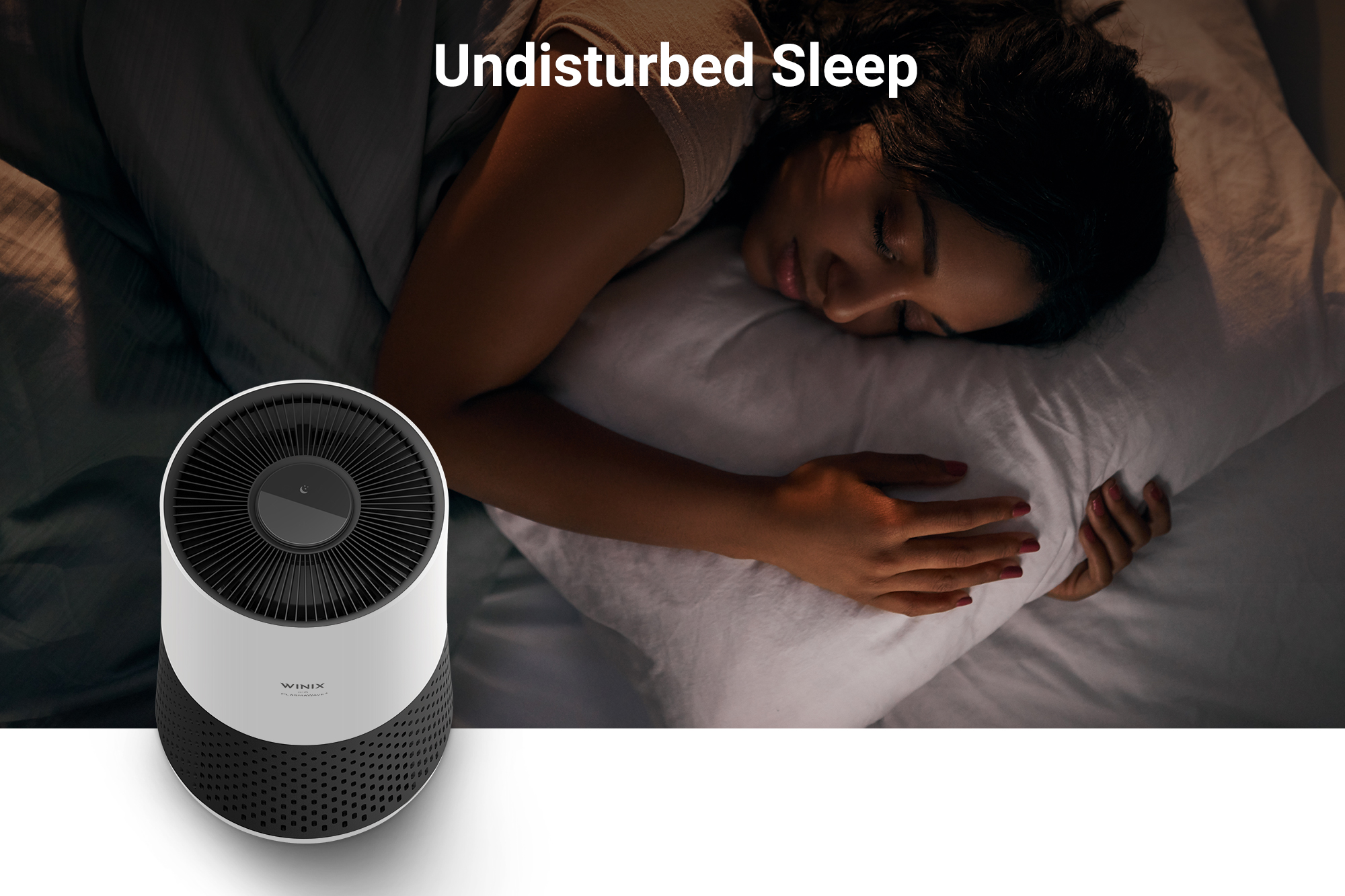 A231 air purifier next to sleeping woman and text saying undisturbed sleep