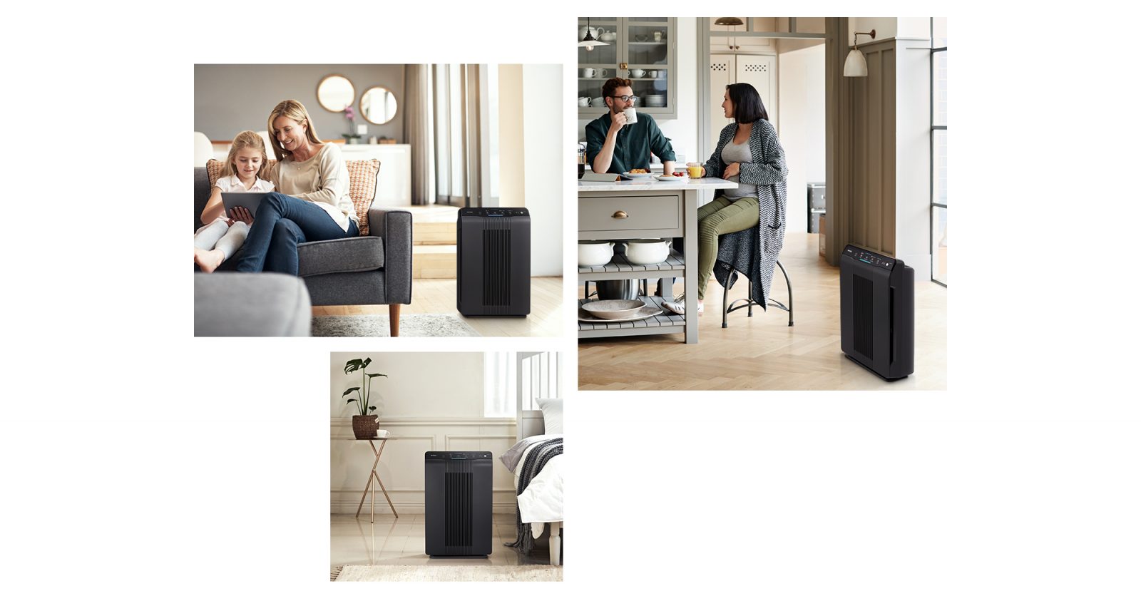 Three images of 5500-2 Air Purifier on floor next to adult and child on couch, on floor next to two adults sitting at a table, and on the floor next to a bed