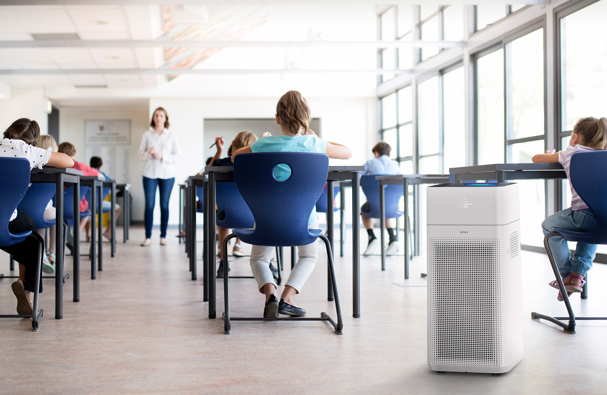 XQ Air Purifier in a full classroom of students and teacher