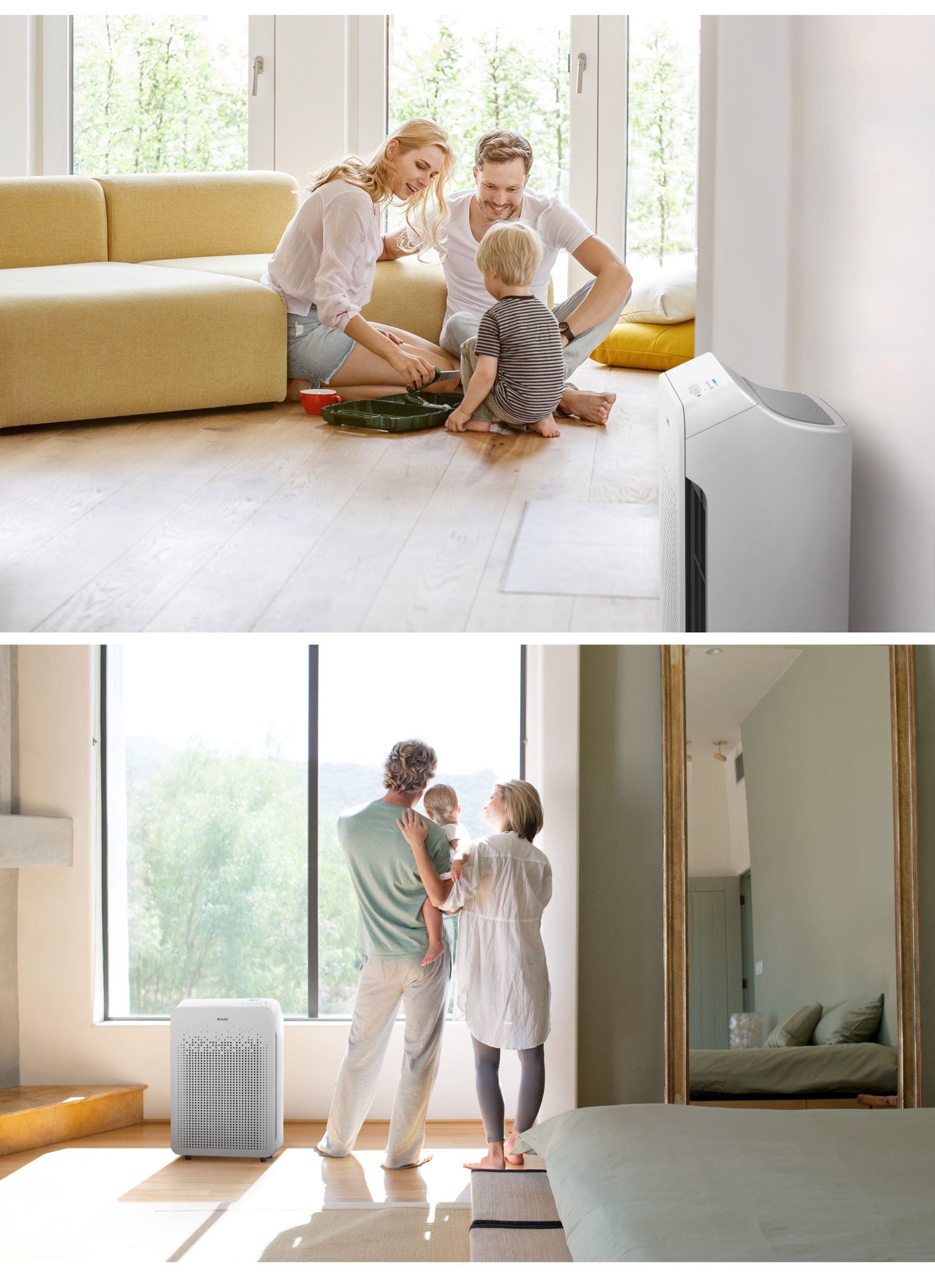 Two images of C545 Air Purifier on floor in bedroom next to two parents holding a baby and on the floor playing with the baby