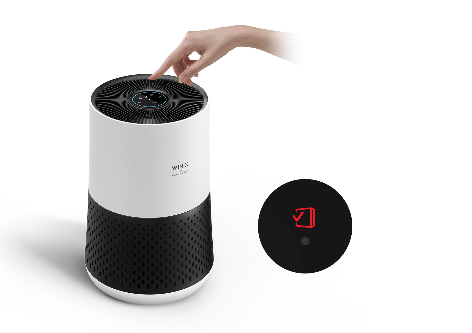 A231 air purifier top angle with a hand reaching for the filter replacement indicator light