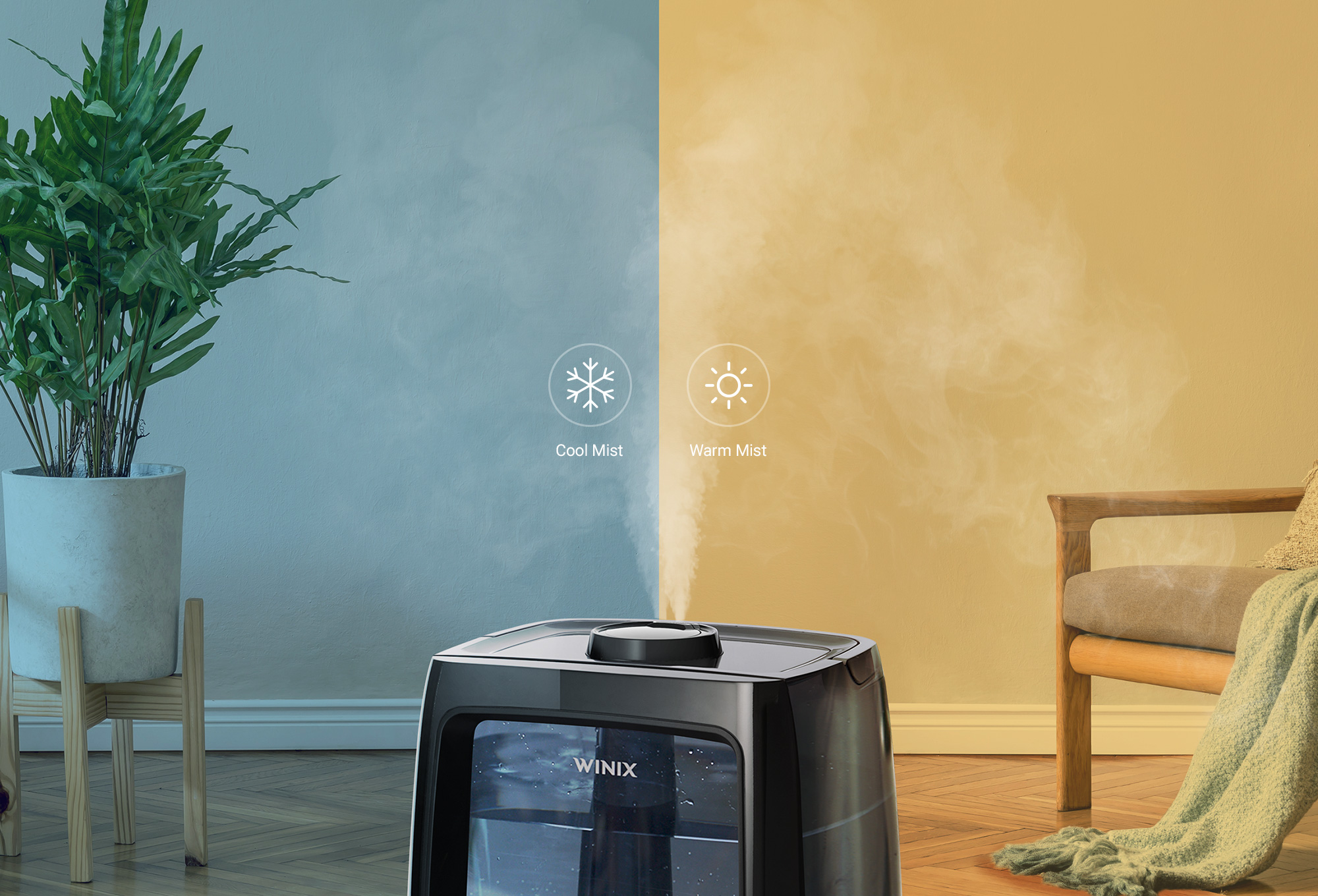L200 humidifier split screen showing Cool or Warm Mist and text saying Cool mist and Warm Mist