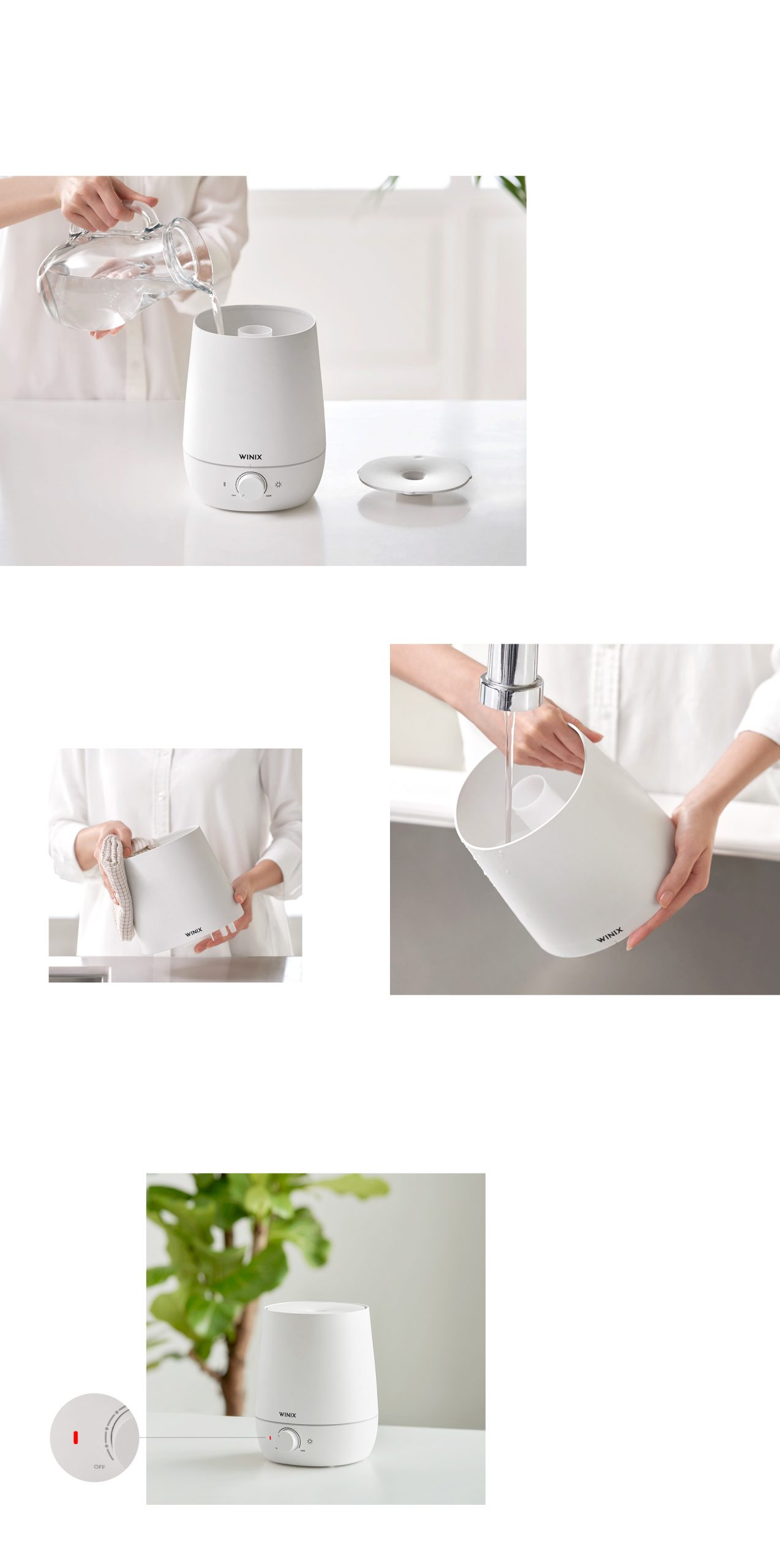 Four images of L60 Humidifier being filled with water, wiped down with a cloth, being cleaned under faucet, and on top of white table