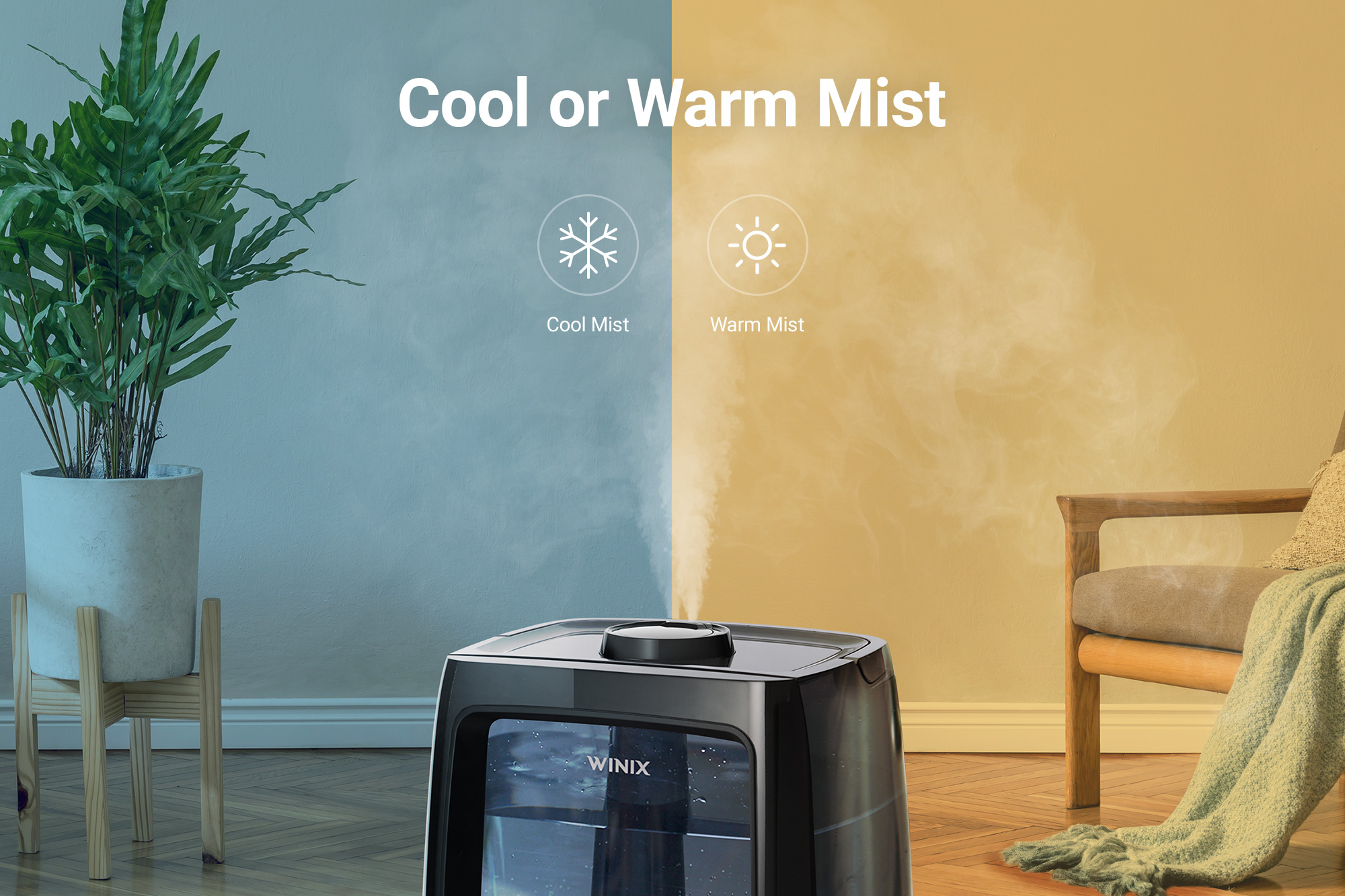 L200 humidifier split screen showing Cool or Warm Mist and text saying Cool or Warm Mist