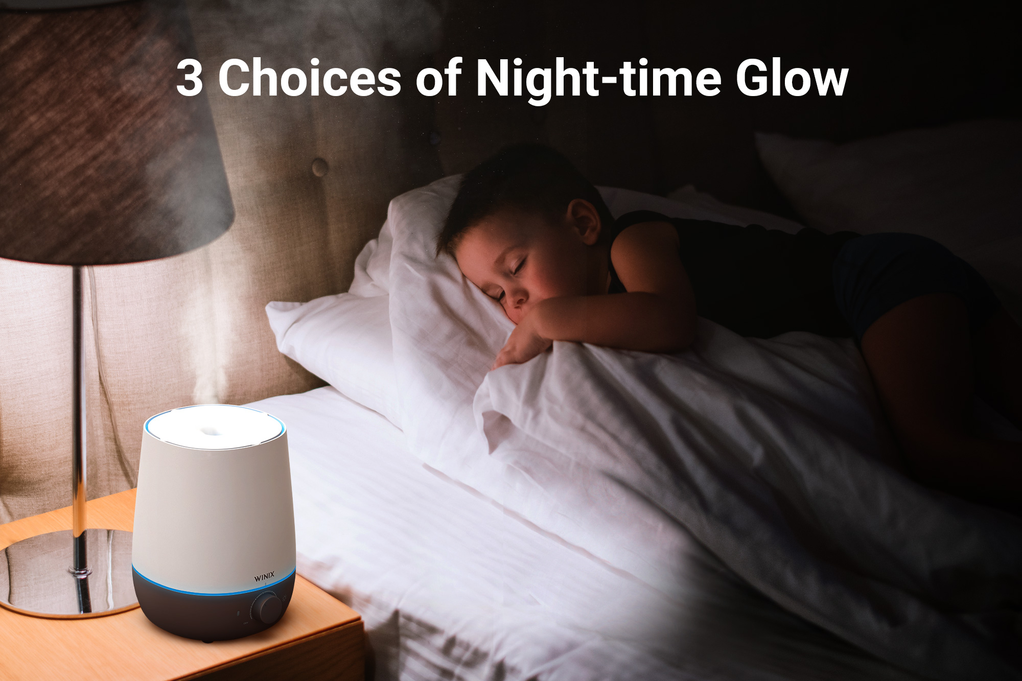 L61 Humidifier on nightstand next to sleeping child and text saying 3 choices of night-time glow
