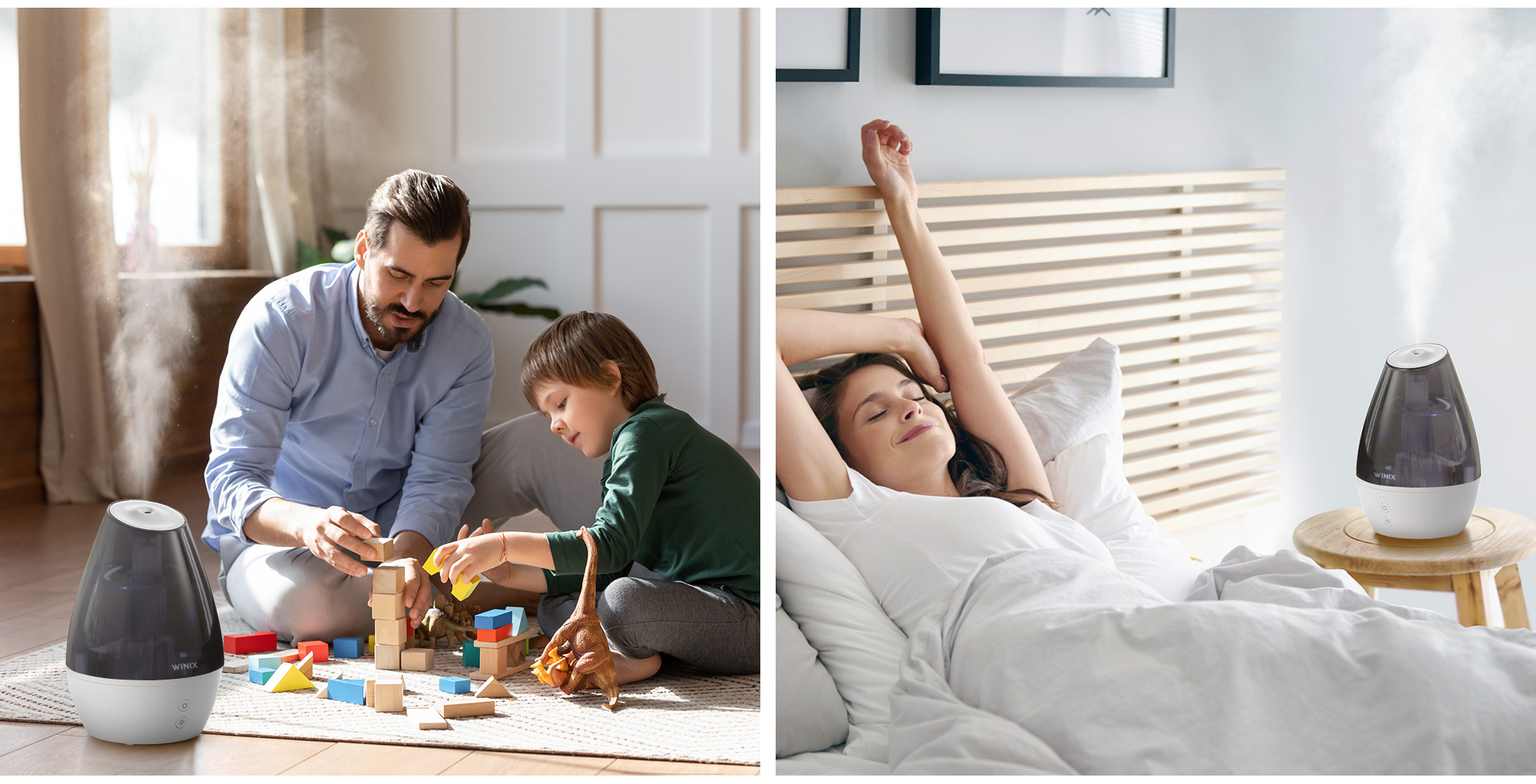 Split image of man and child playing on floor next to L100 humidifier and woman waking up in bed with L100 humidifier on nightstand