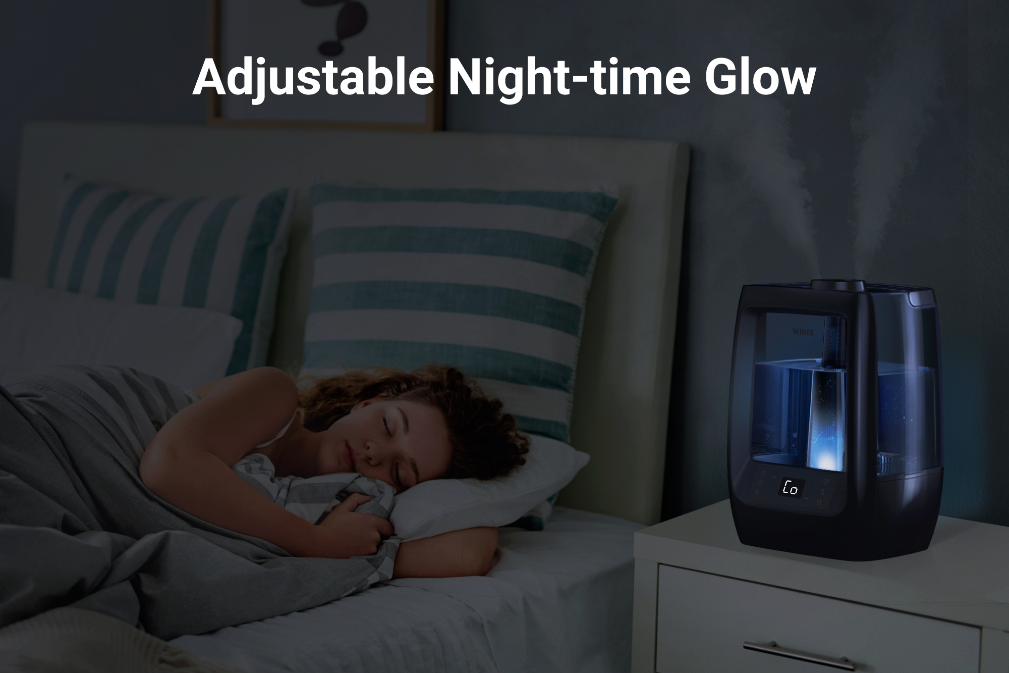 L200 humidifier on with woman asleep and text saying Adjustable Night-time Glow