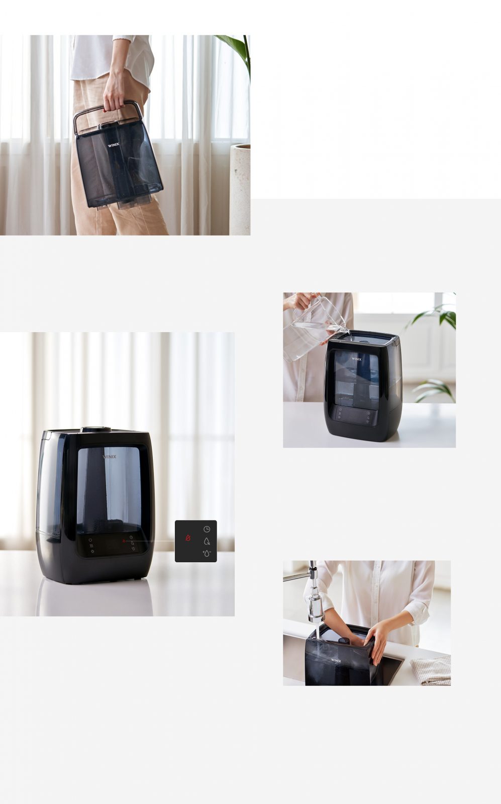 Four images of L200 humidifier being carried by handle, water being filled in the water tank, sitting on top of a table, and being cleaned under running faucet