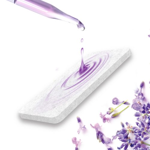 Lavender pre-soaked aroma pad with purple liquid drops and lavender leaves