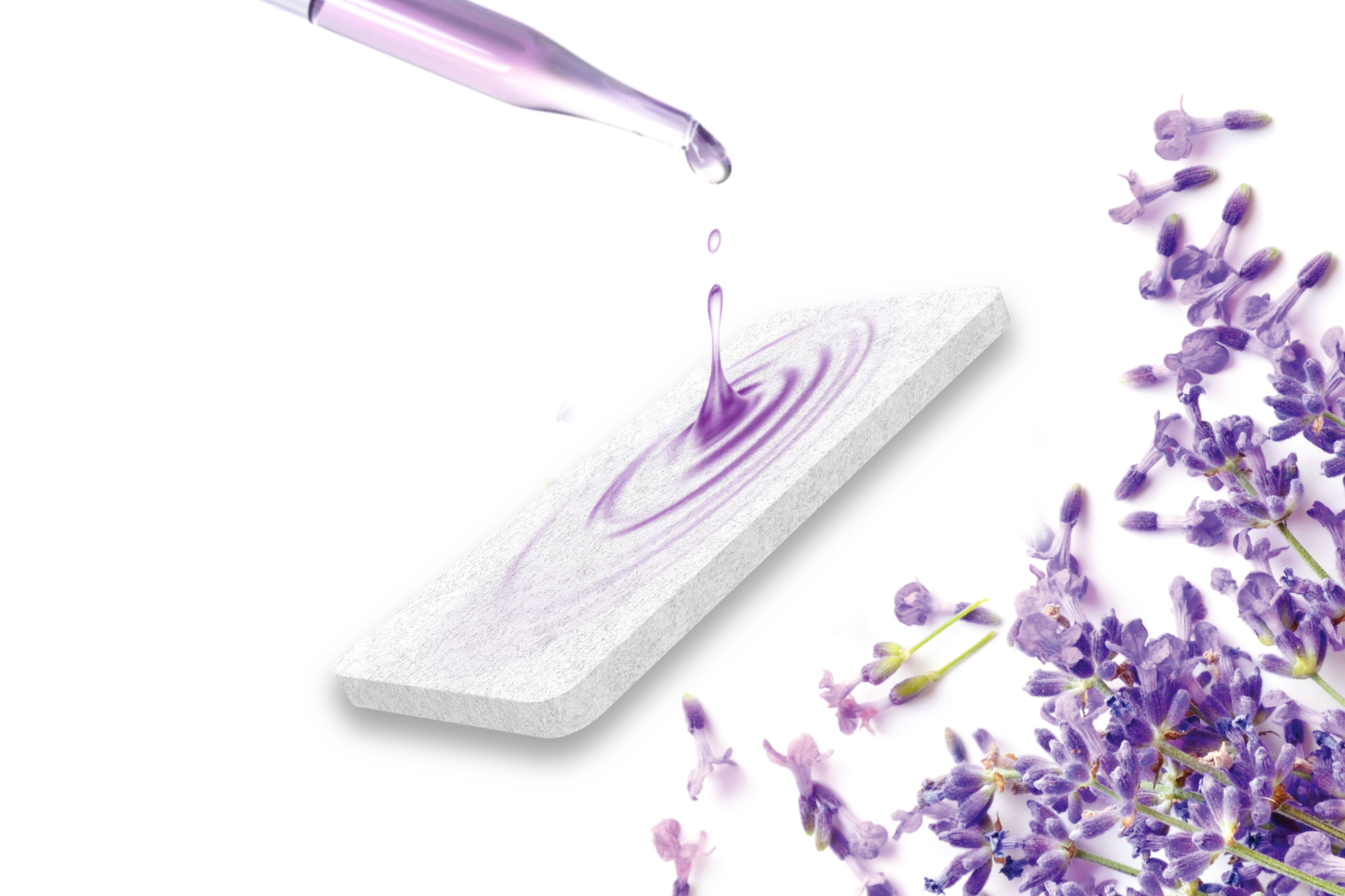Lavender pre-soaked aroma pad with purple liquid drops and lavender leaves